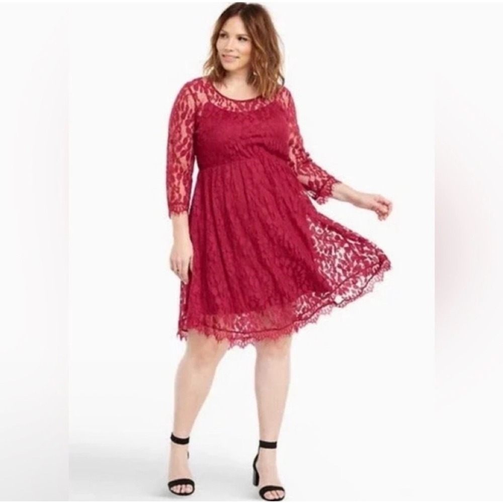 Torrid Burgundy Lace Skater Dress Size 14 NWT Long Sleeve Floral Cocktail
